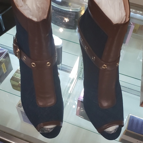 Dark blue denim Brown peetoe ankle stiletto boot - Picture 3 of 4